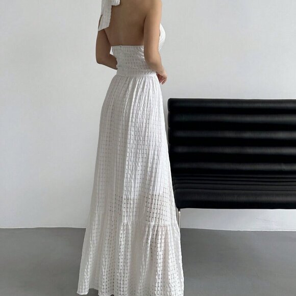 White Sexy Women's Romantic Date Halter Neck Plaid Dress - Picture 2 of 5